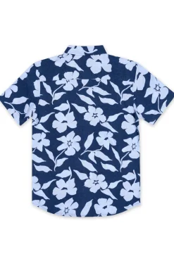 BOYS SHORT SLEEVE RAYON BUTTON DOWN W/ FLOWER PRINT - NAVY
