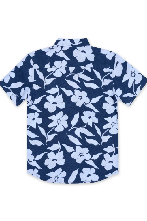 BOYS SHORT SLEEVE RAYON BUTTON DOWN W/ FLOWER PRINT - NAVY