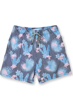 BOYS STRIPED SWIM SHORTS W/ TROPICAL TURTLE - NAVY