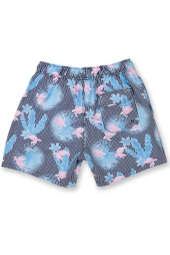 BOYS STRIPED SWIM SHORTS W/ TROPICAL TURTLE - NAVY