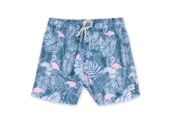 BOYS SWIM SHORTS W/ TROPICAL FLAMINGO PRINT - DENIM