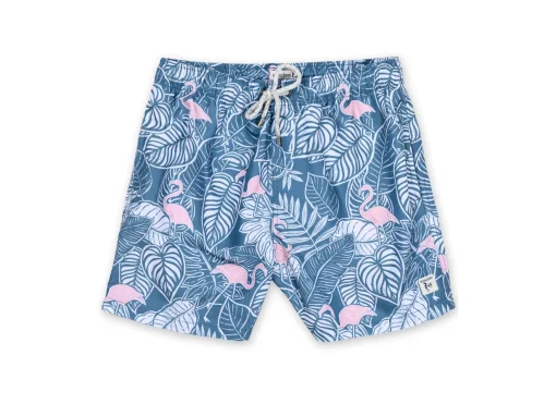 BOYS SWIM SHORTS W/ TROPICAL FLAMINGO PRINT - DENIM