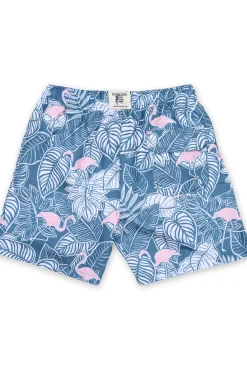 BOYS SWIM SHORTS W/ TROPICAL FLAMINGO PRINT - DENIM