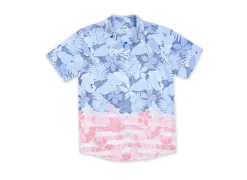 MENS SHORT SLEEVE BUTTON DOWN SHIRT - BLUE TROPICAL FLAG PRINT