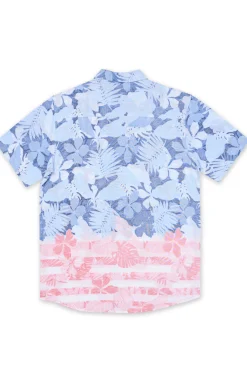 MENS SHORT SLEEVE BUTTON DOWN SHIRT - BLUE TROPICAL FLAG PRINT