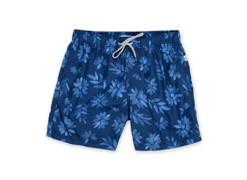 MENS SWIM SHORTS W/ WATERCOLOR DAISY PRINT - NAVY